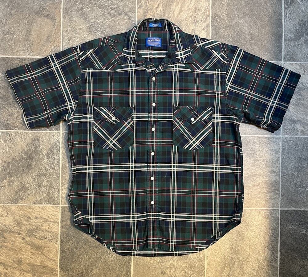 Classic Pendleton Plaid Short Sleeve Mens L Shirt Green Blue Tartan Pearl Snap